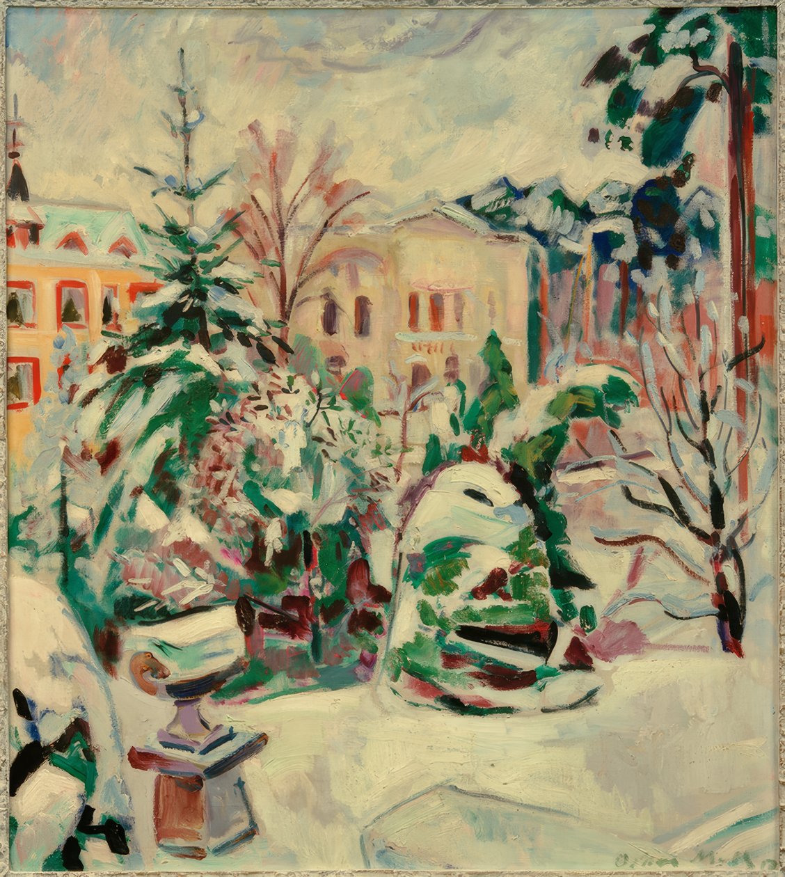 Parque nevado com casas de Oskar Moll