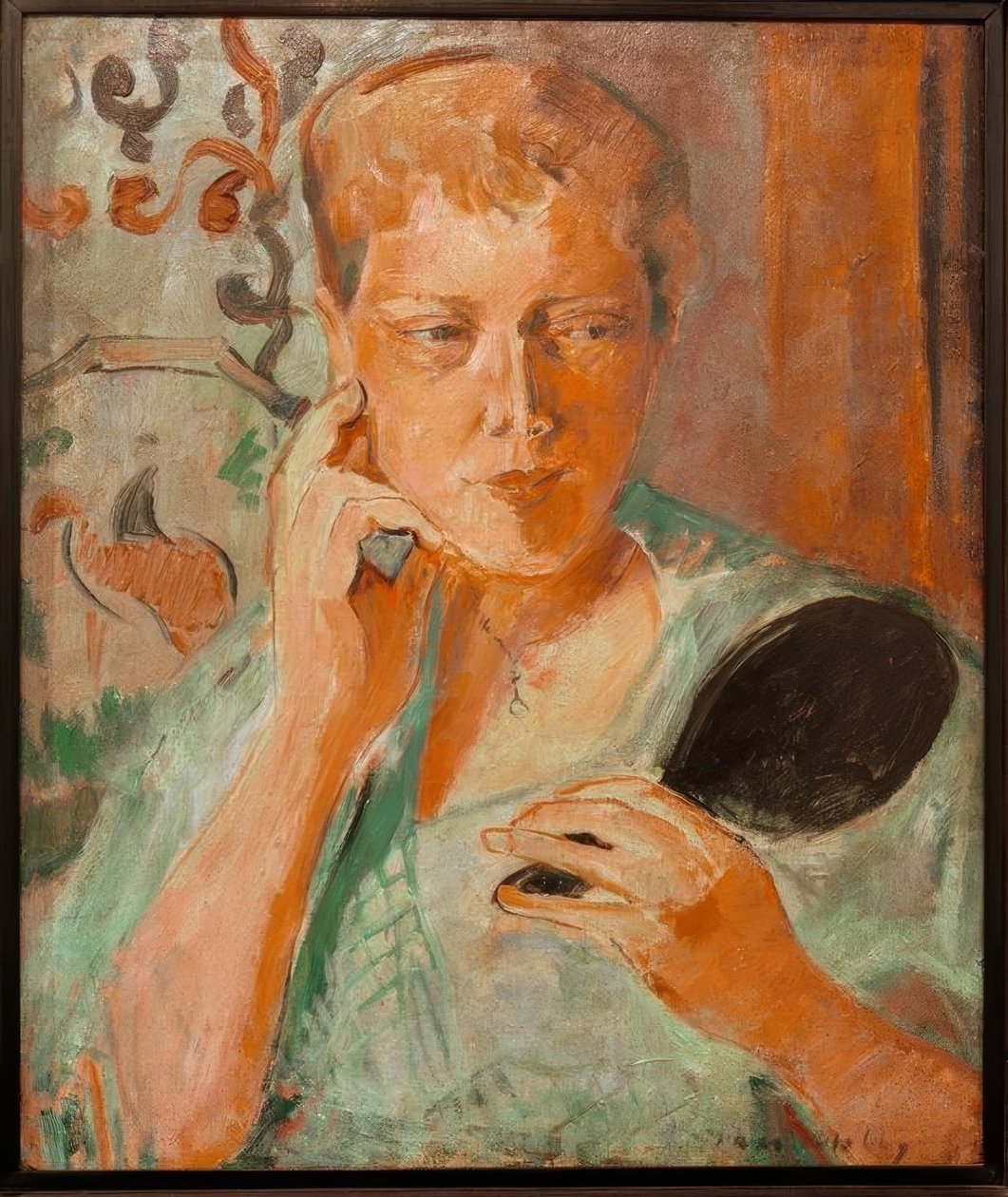 Retrato Margarethe com espelho de mão preto de Oskar Moll