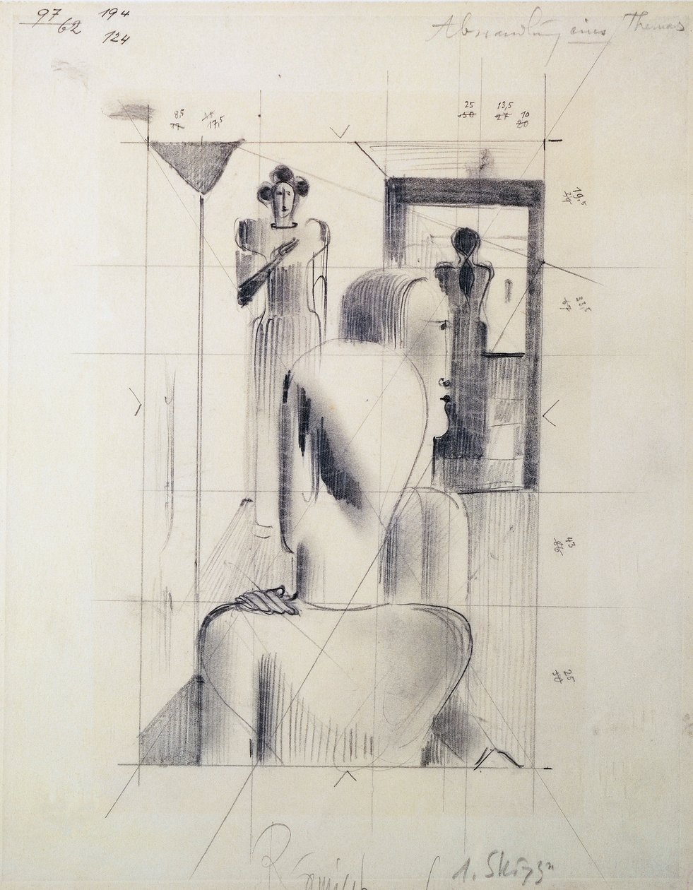 Figuras numa sala, por Oskar Schlemmer (1888-1943), lápis sobre papel. Alemanha, século XX. de Oskar Schlemmer