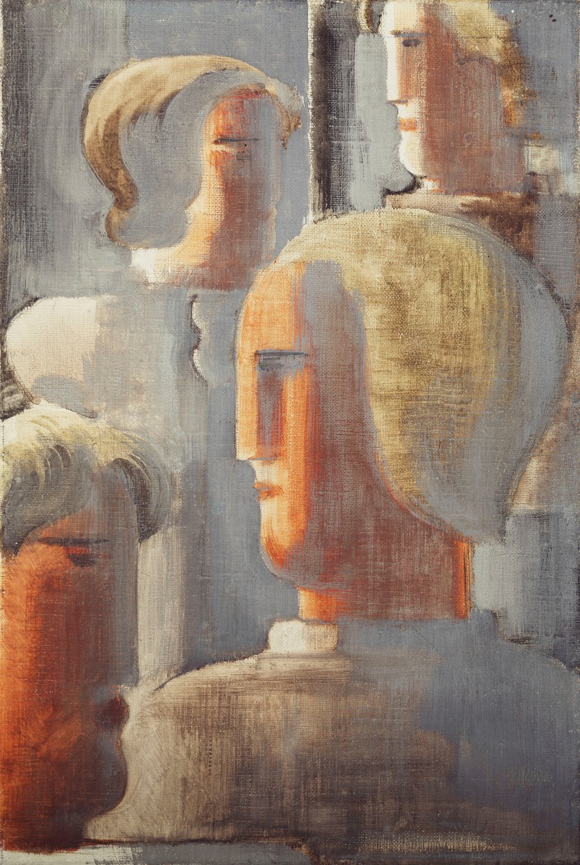 Grupo de Quatro Cabeças Cinzento Azul, Folkwang-Estudo III; Vier Kopfergruppe Graublau, Folkwang-Studie III de Oskar Schlemmer
