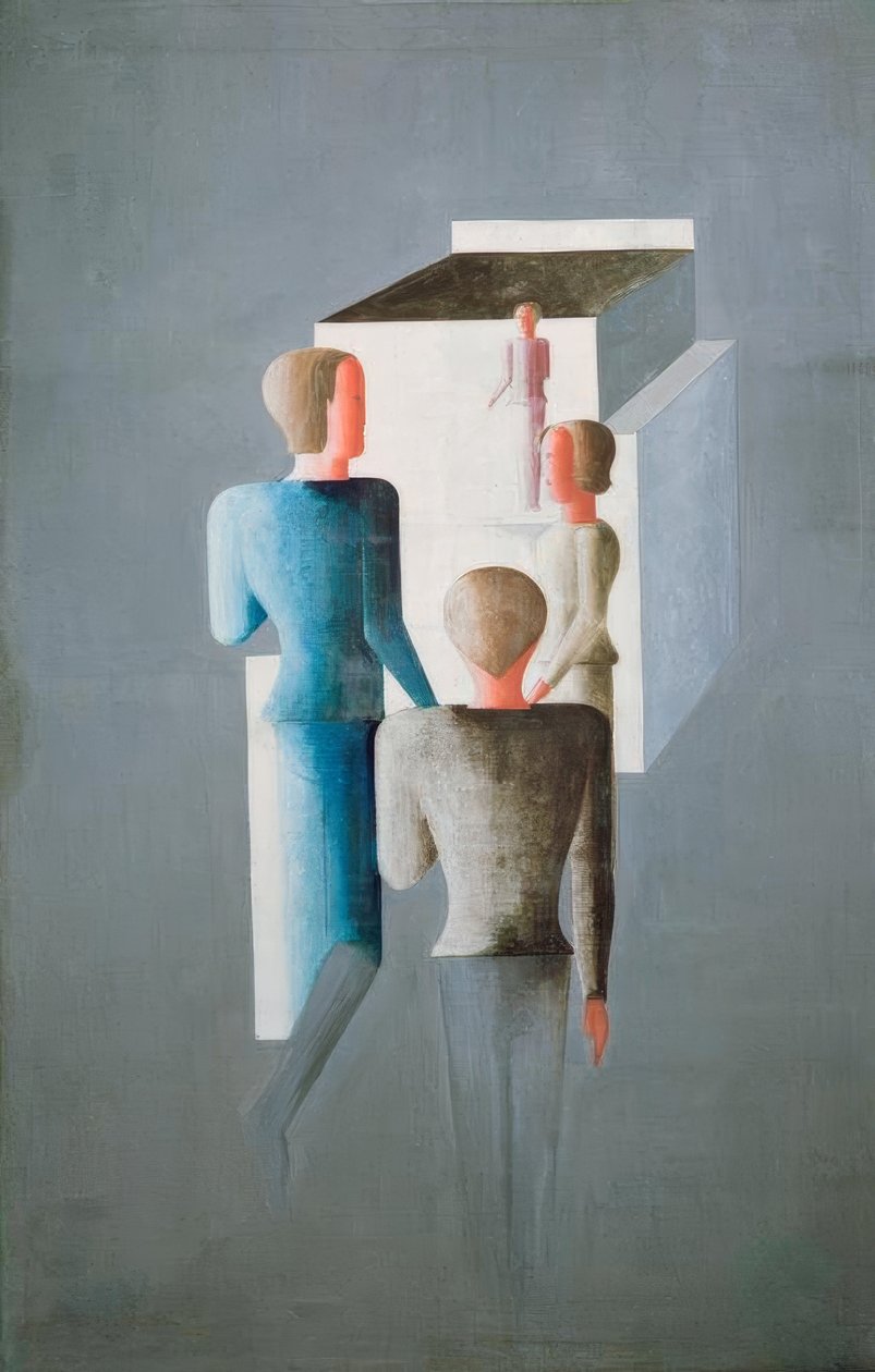 Quatro figuras e cubo de Oskar Schlemmer