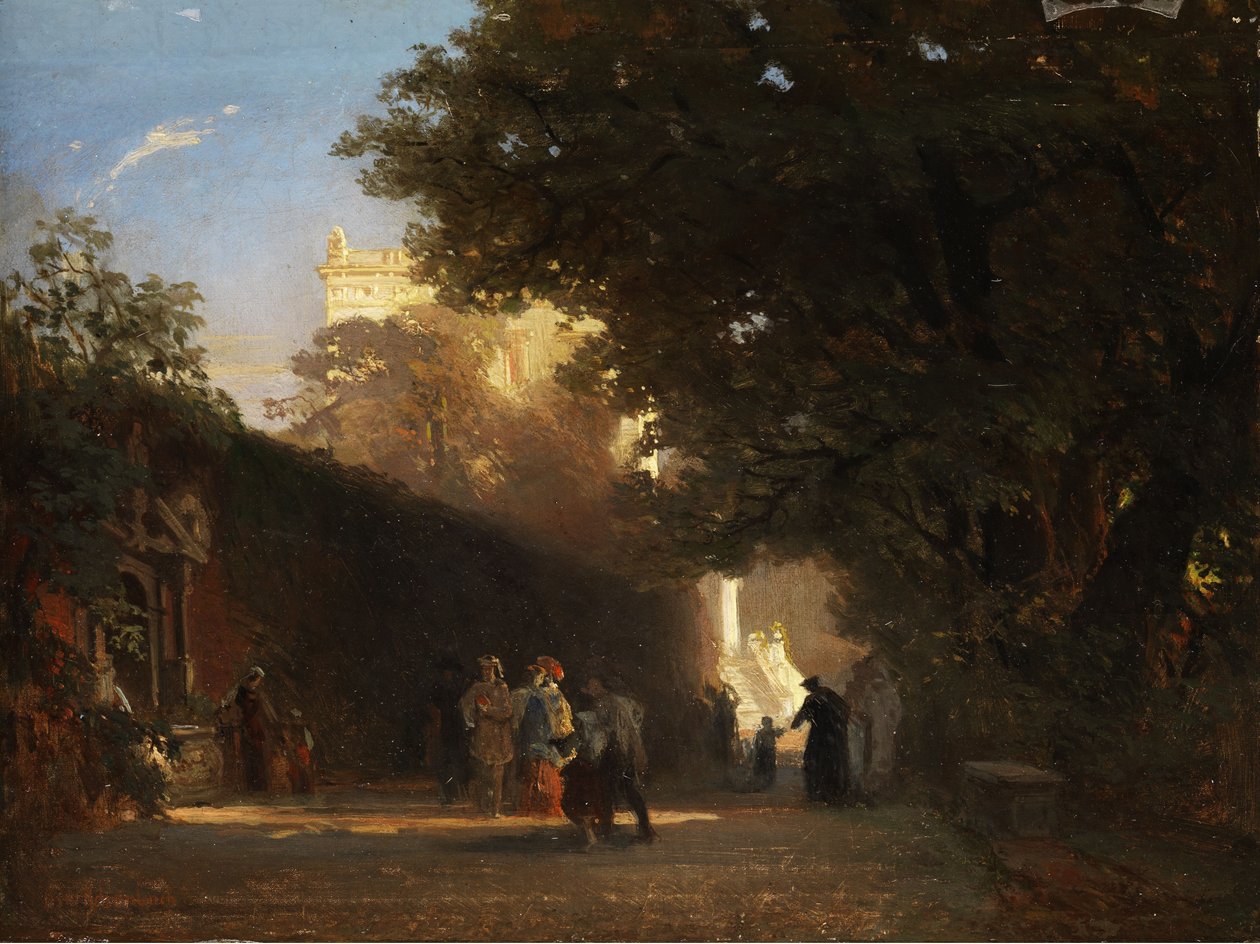 Villa italiana e parque com sociedade elegante e padres de Oswald Achenbach