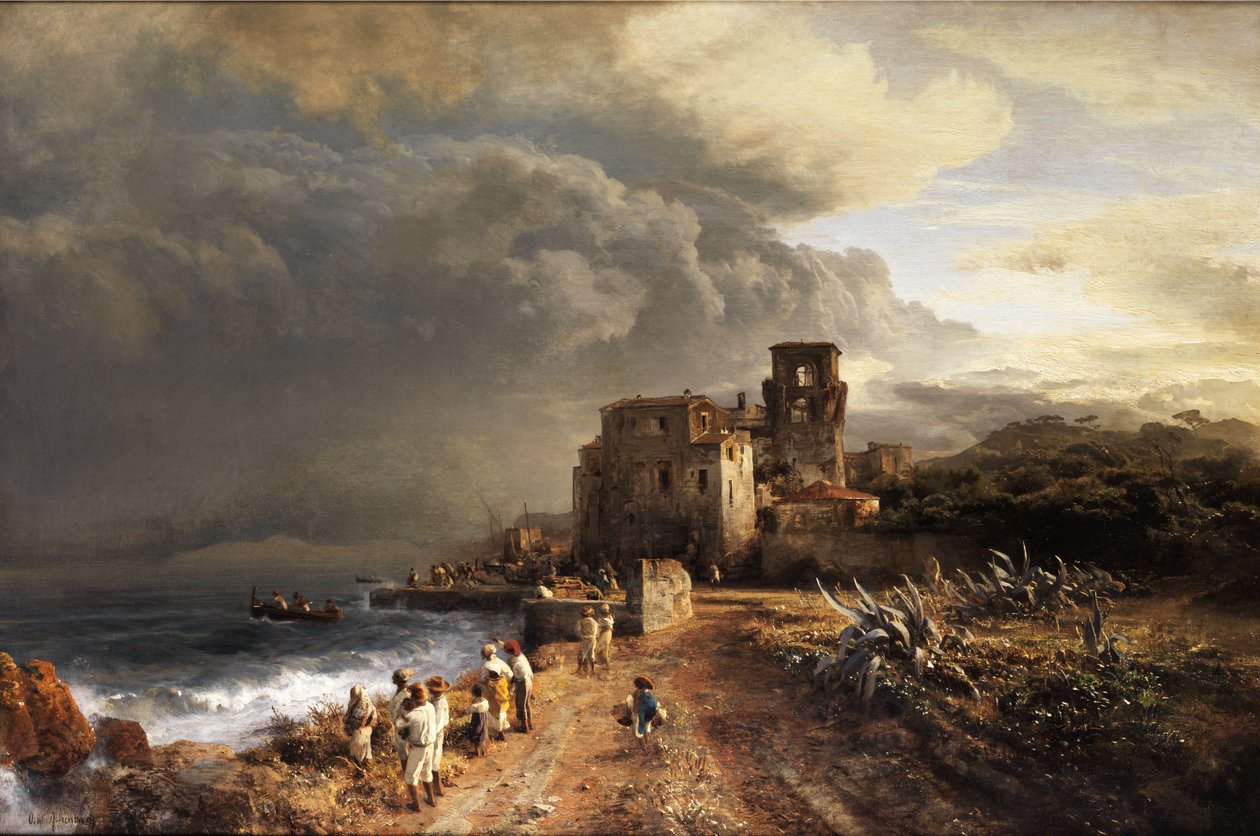 Paisagem sombreada à beira-mar com funcionários figurativos de Oswald Achenbach