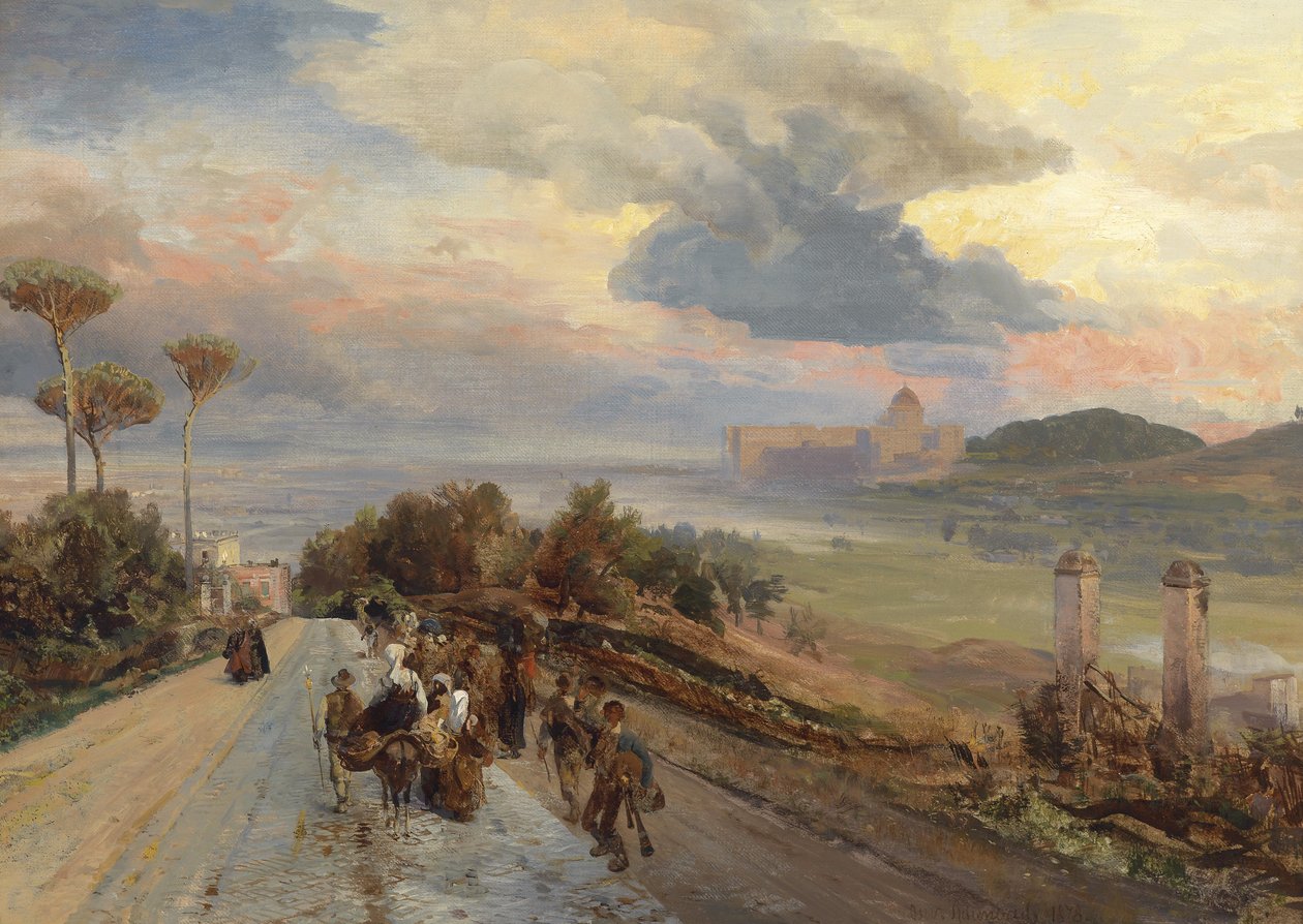 Via Cassia perto de Roma, com vista para o Vaticano de Oswald Achenbach