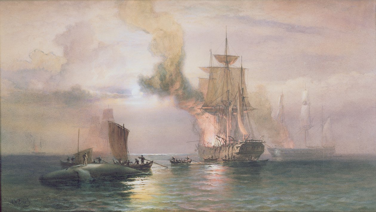 Baleeiros do Mar do Sul ferver gordura de baleia, com baleia ao lado, c.1875-85 de Oswald Walters Brierly