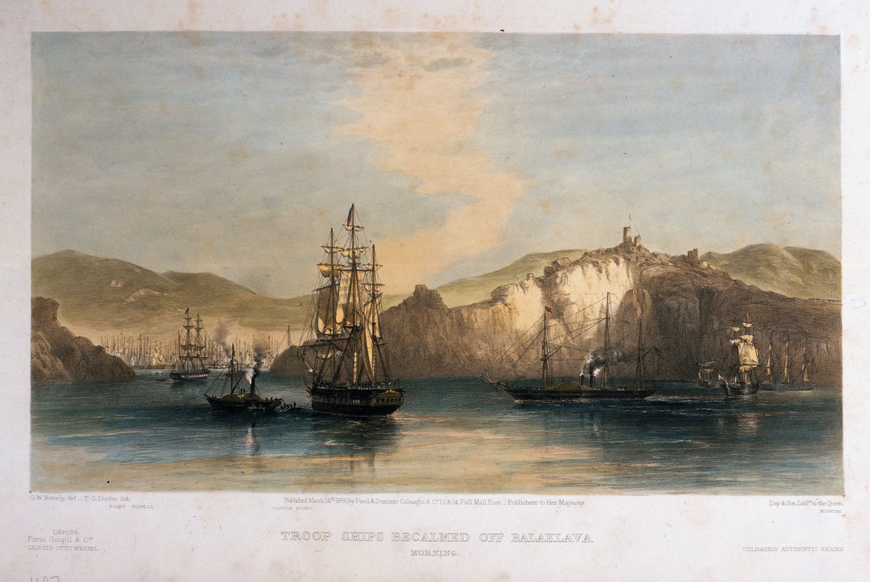 Navios de Tropa se acalmam Balaklava, Manhã, gravada por TG Dutton, publicada por Colnaghi und Co., 1855 de Oswald Walters Brierly