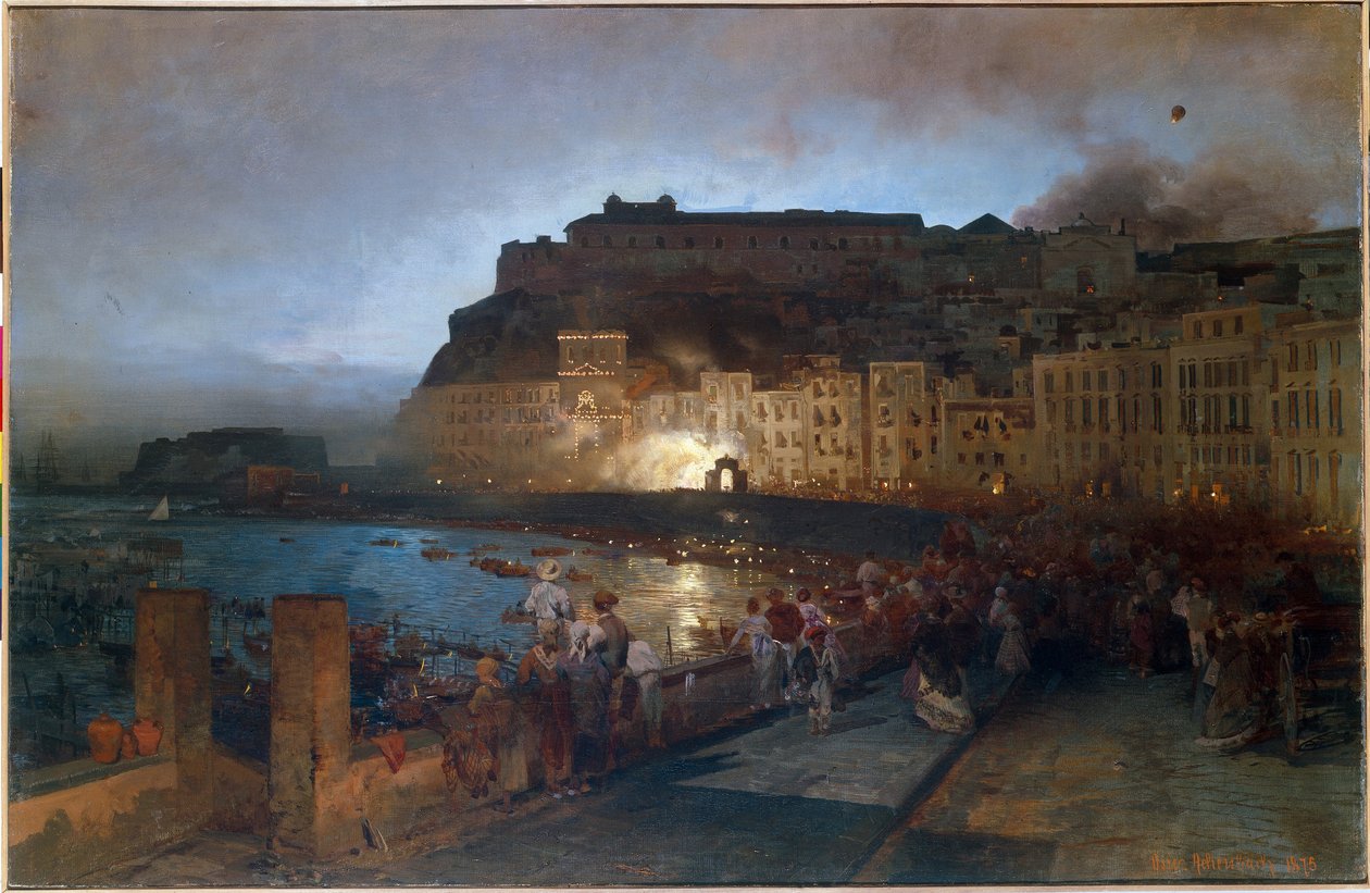 Fogos de artifício em Nápoles (Itália) - Pintura por Oswald Achenbach (1827-1905), óleo sobre tela de Oswald Achenbach