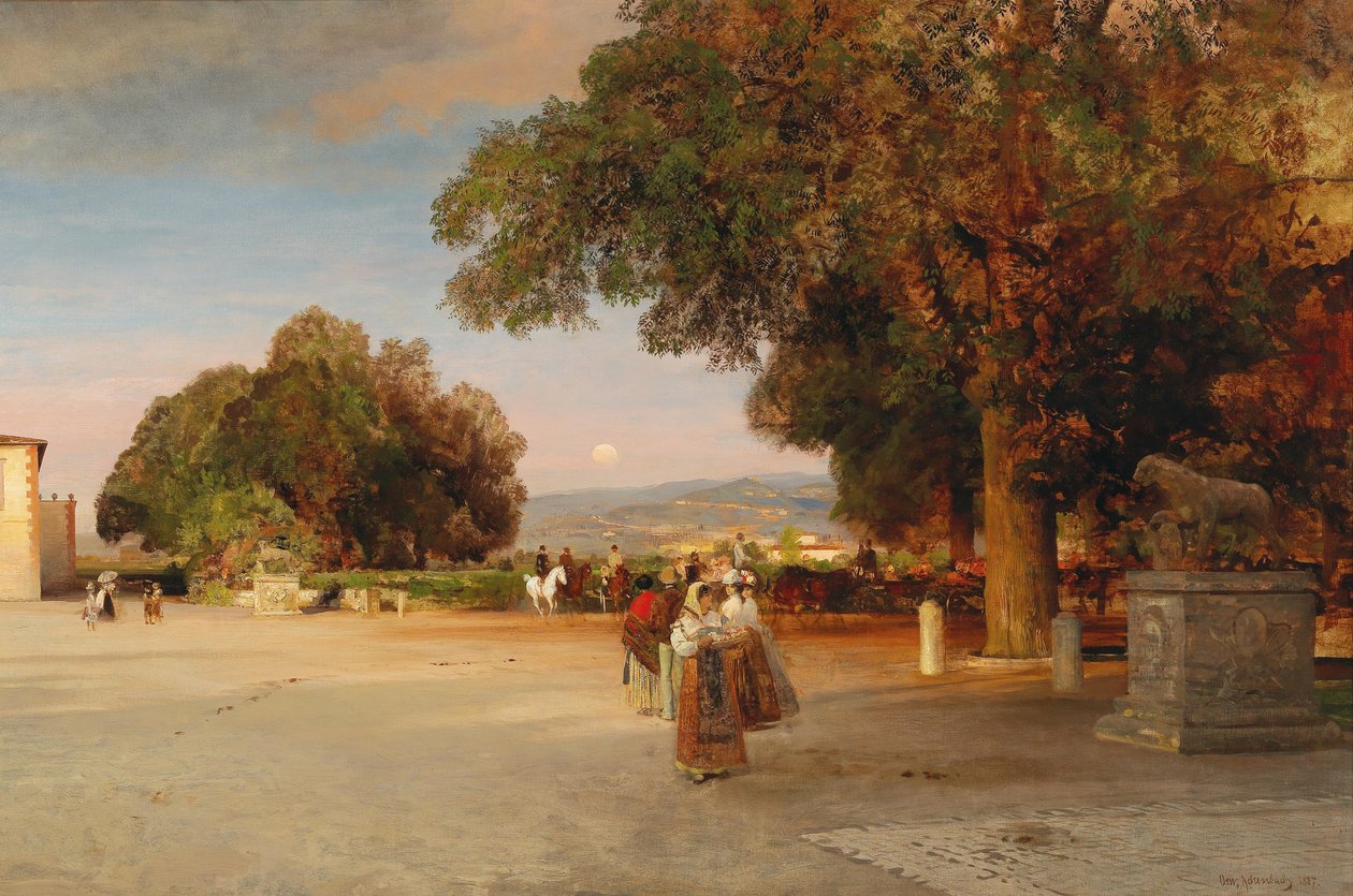 Francês: Promeneurs sur la terrasse de la Villa Grazioli à Grottaferrata Cena ao anoitecer no terraço da Villa Grazioli em Grottaferrata de Oswald Achenbach