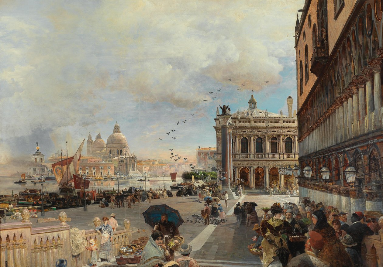 Veneza, vista da Piazzetta, com a Biblioteca Marciana, Santa Maria della Salute e a Dogana de Oswald Achenbach