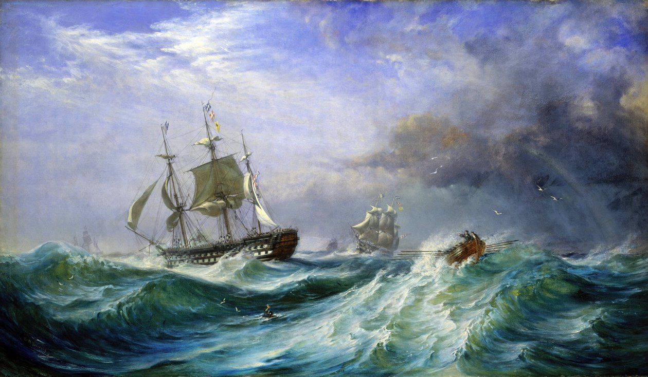 Um homem no mar, lançando ajuda do HMS "Saint Jean D