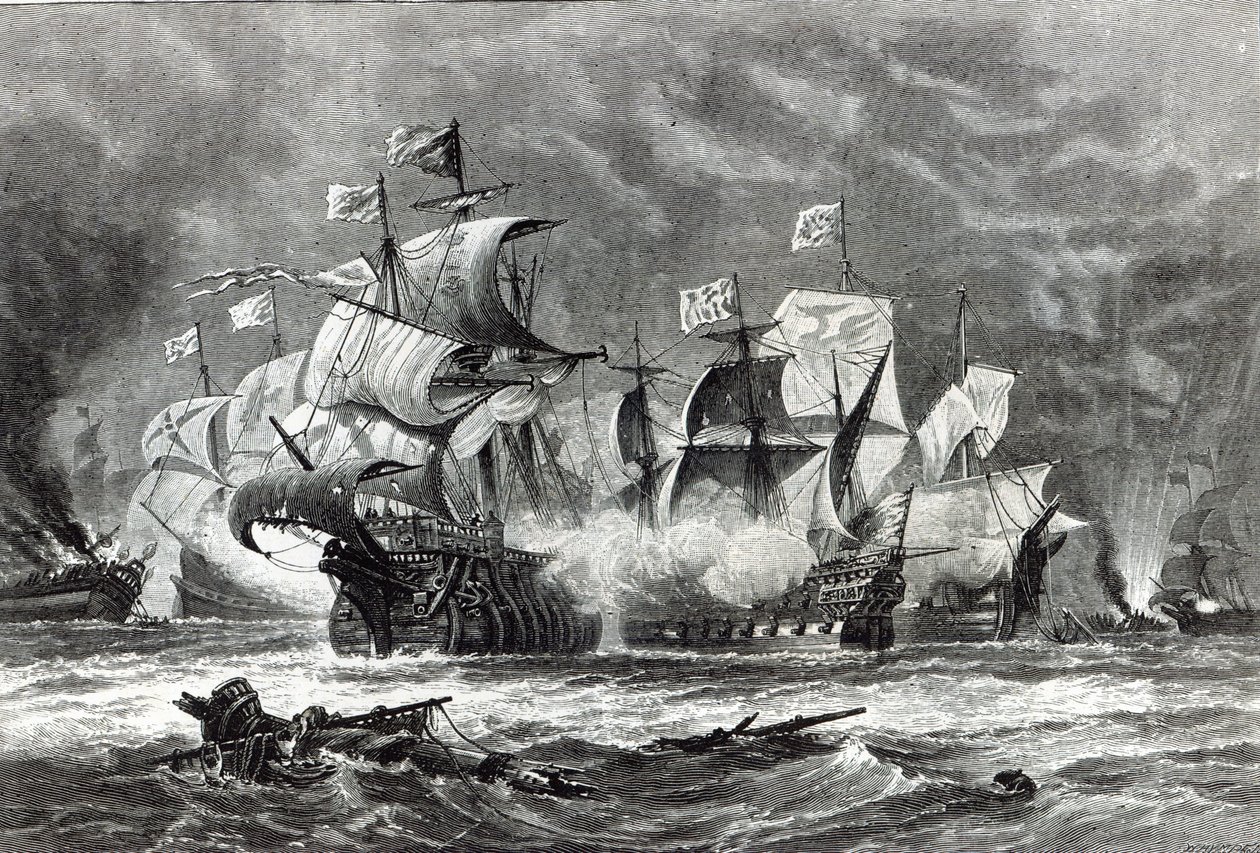 The Vanguard, sob Sir William Winter, envolvendo a Armada Espanhola, de &39;Leisure Hour&39;, 1888 de Oswald Walters Brierly
