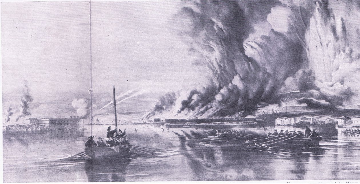 A queda de Sebastopol e a retirada dos russos, 8 de setembro de 1855, ilustração das Batalhas Britânicas na Terra e no Mar, 1915 de Oswald Walters Brierly