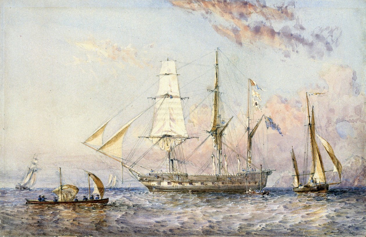 O navio HMS "Rattlesnake" (1822). Aguarela de 1853 de Sir Oswald Walter Brierly (1817-1894). de Oswald Walters Brierly