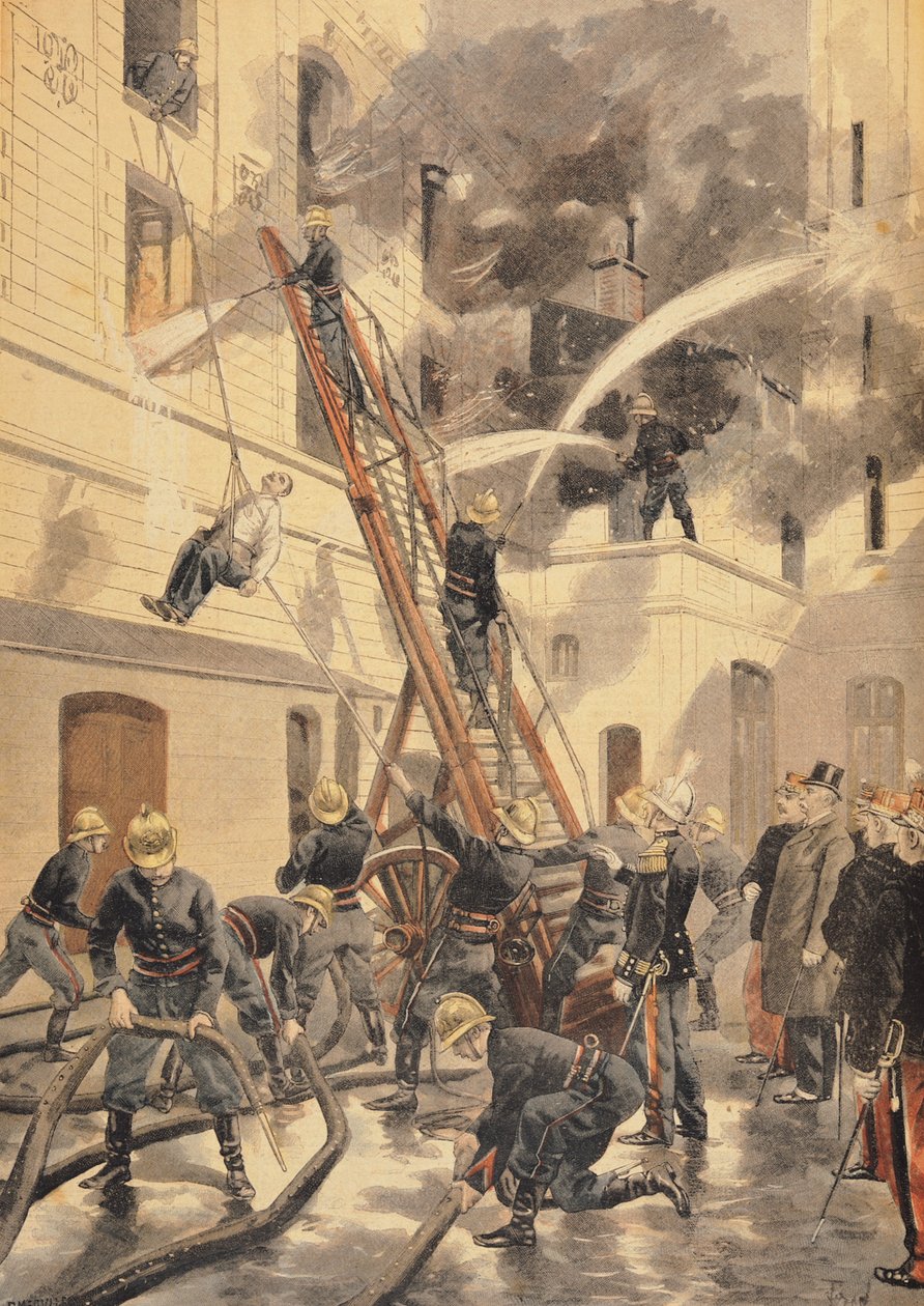 Felix Faure (1841-1899) com os bombeiros, de &39;Le Petit Journal&39;, 20 de fevereiro de 1898 de Oswaldo Tofani