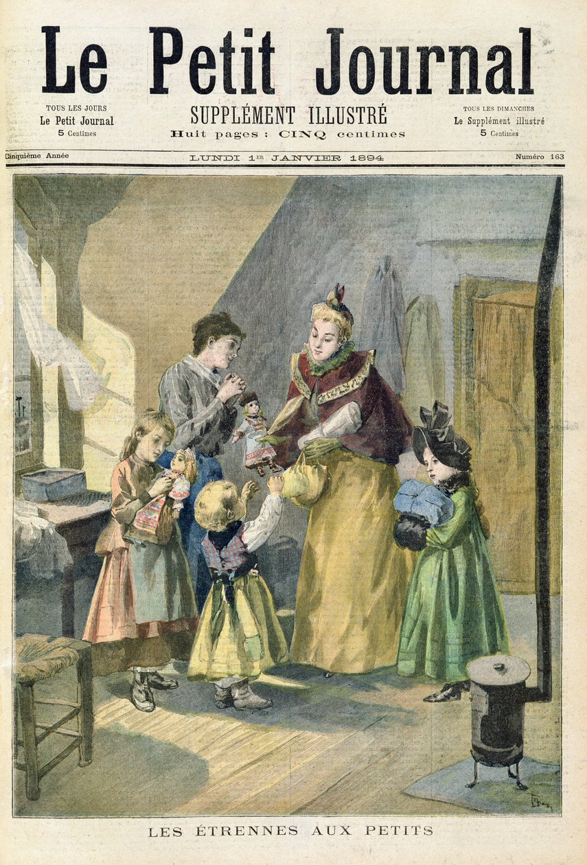 Presentes de Ano Novo para as crianças, a partir da primeira página do suplemento ilustrado de &39;Le Petit Journal&39;, 1 de janeiro de 1894 (cor lito) de Oswaldo Tofani
