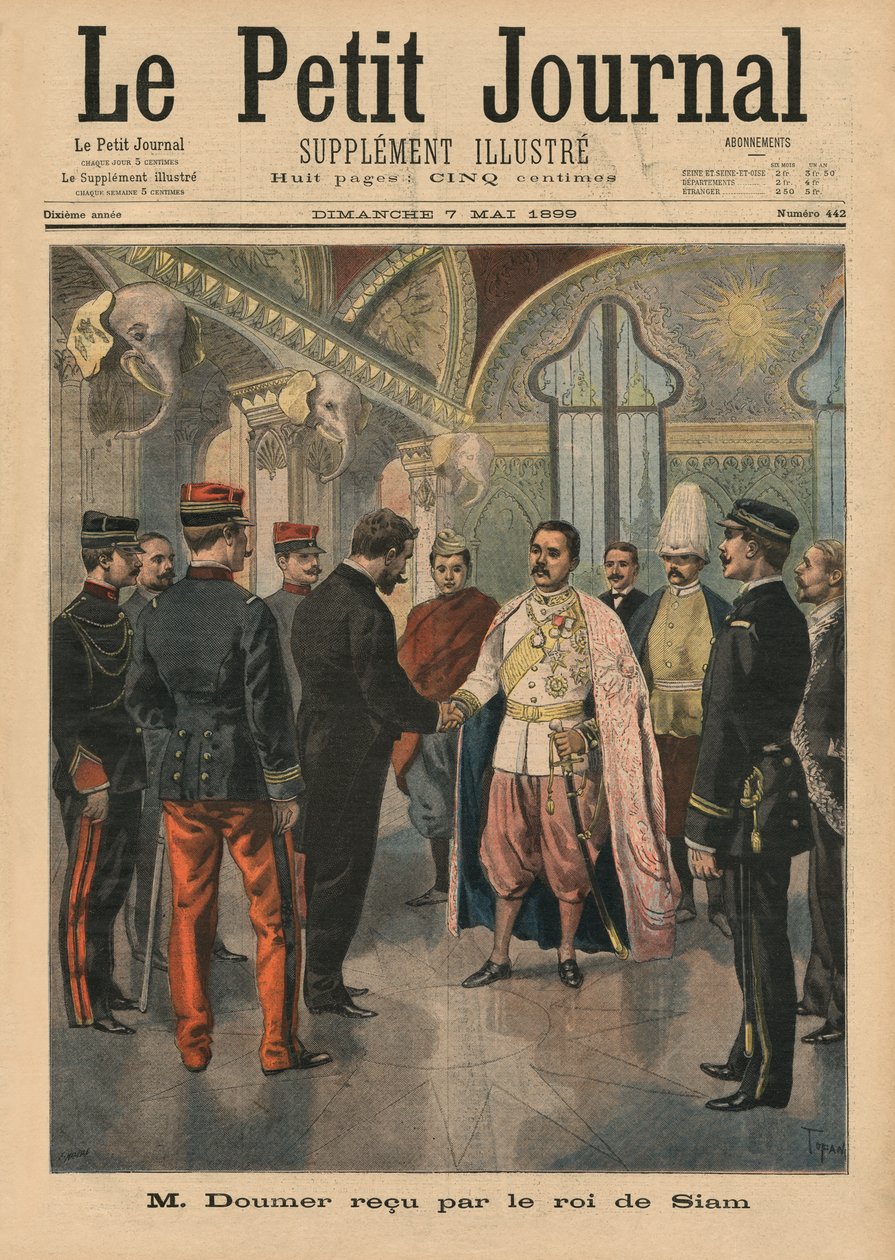 Paul Doumer, Governador Geral da Indochina, recebeu em Bangkok por Chulalongkorn, Rei do Sião como Rama V, ilustração da capa do &39;Le Petit Journal&39;, Suplemento Ilustre, 7 de maio de 1899 (cor de Oswaldo Tofani