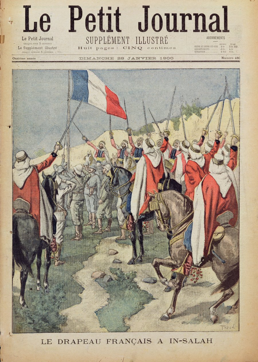 A bandeira francesa em In-Salah, 10 de janeiro de 1900, página de rosto de &39;Le Petit Journal&39;, 28 de janeiro de 1900 (gravura a cores) de Oswaldo Tofani