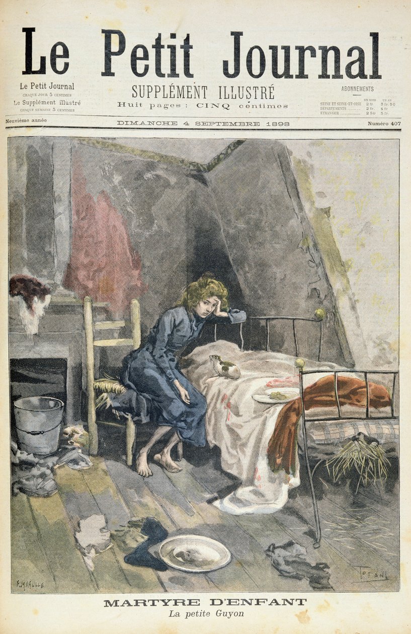 Página de rosto representando o martírio de crianças, o pequeno Guyon, ilustração do suplemento ilustrado do Le Petit Journal, 4 de setembro de 1898 de Oswaldo Tofani