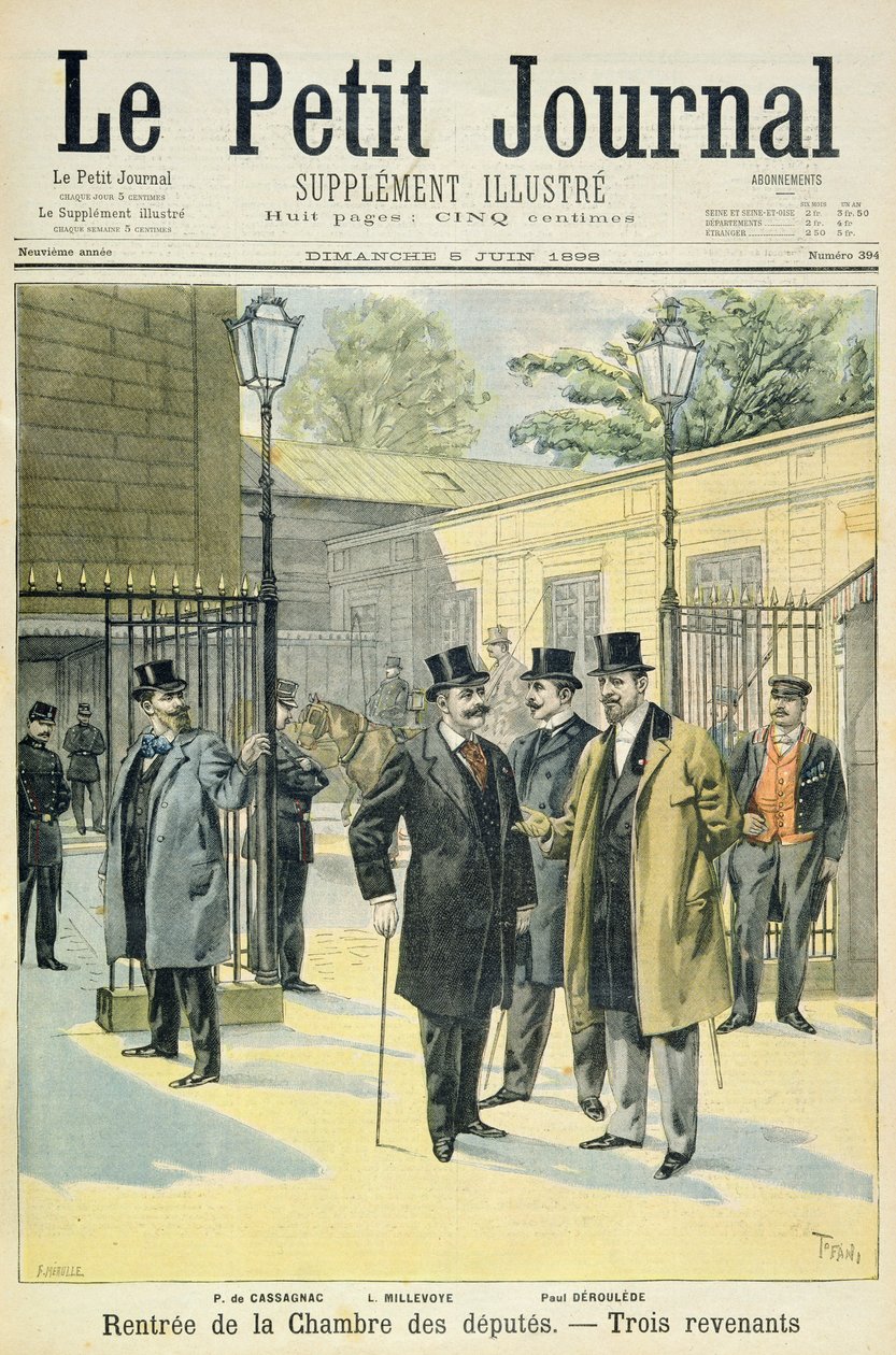 Página de rosto representando a reabertura da Casa dos Deputados com Paul Granier de Cassagnac, Lucien Millevoye e Paul Deroulede, ilustração do suplemento ilustrado do Le Petit Journal, 5º J de Oswaldo Tofani