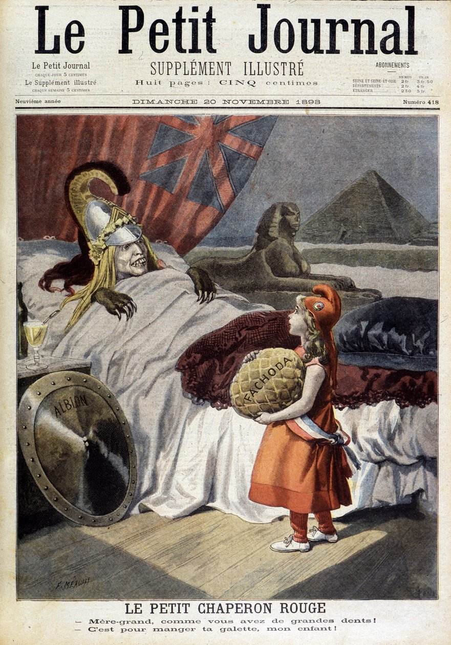 Chapeuzinho Vermelho. Desenho animado sobre Fachoda e as ambições do "traiçoeiro Albion". Gravura de F. Méaulle depois de Tofani. "The Petity Journal", 20 de Novembro de Oswaldo (after) Tofani