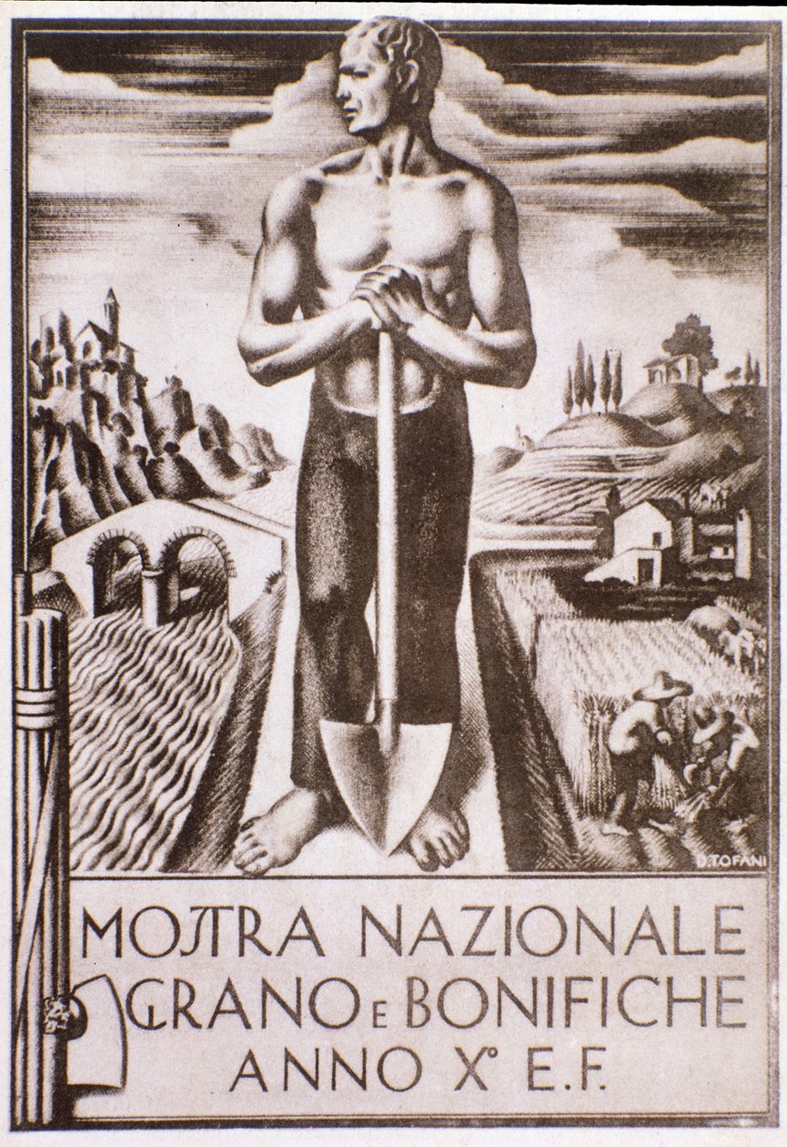 Cartaz de propaganda fascista para a campanha de melhoramento de grãos e terras de Oswaldo (after) Tofani