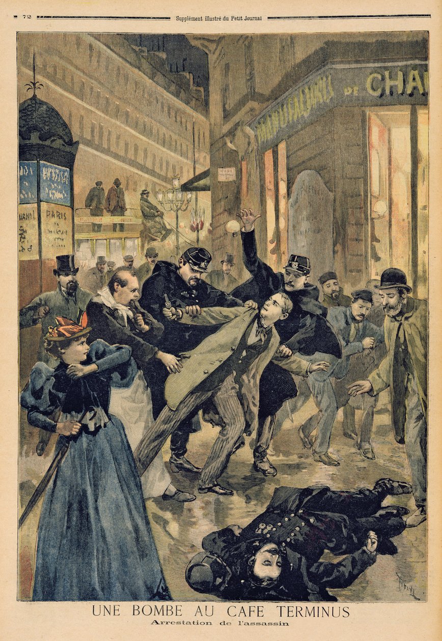 Uma bomba no Café Terminus, a prisão do assassino, ilustração de &39;Le Petit Journal&39;, 26 de fevereiro de 1894 de Oswaldo Tofani