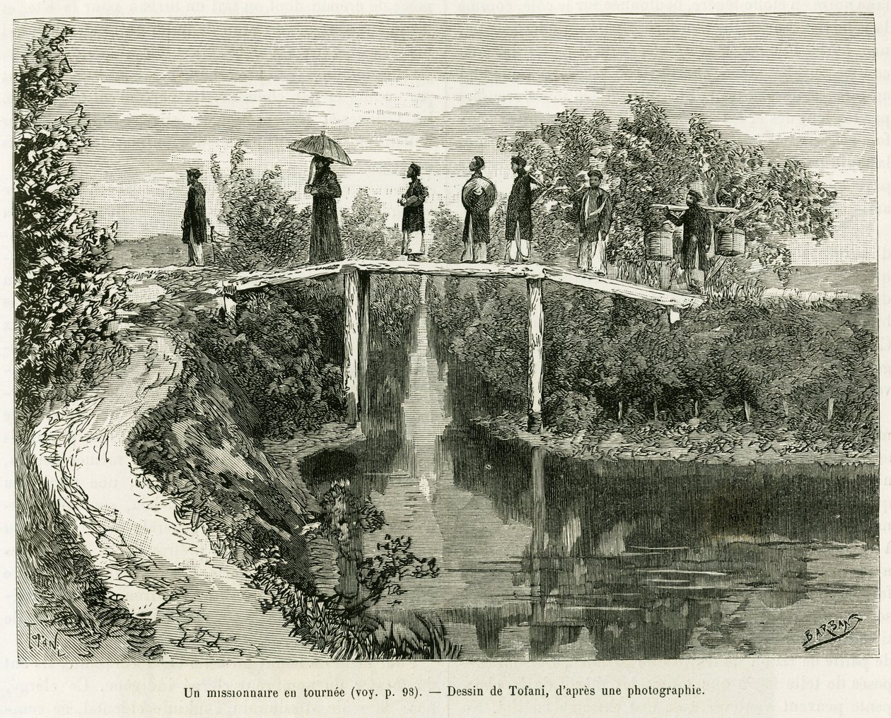 Um missionário, por sua vez. Gravado por Tofani, para ilustrar a história Trente mois au Tonkin, em 1884, pelo doutor Paul Hocquard, em le tour du monde 1890, sob a direção de Edouard Charton (1807-1890), Hachette, Paris. de Oswaldo Tofani