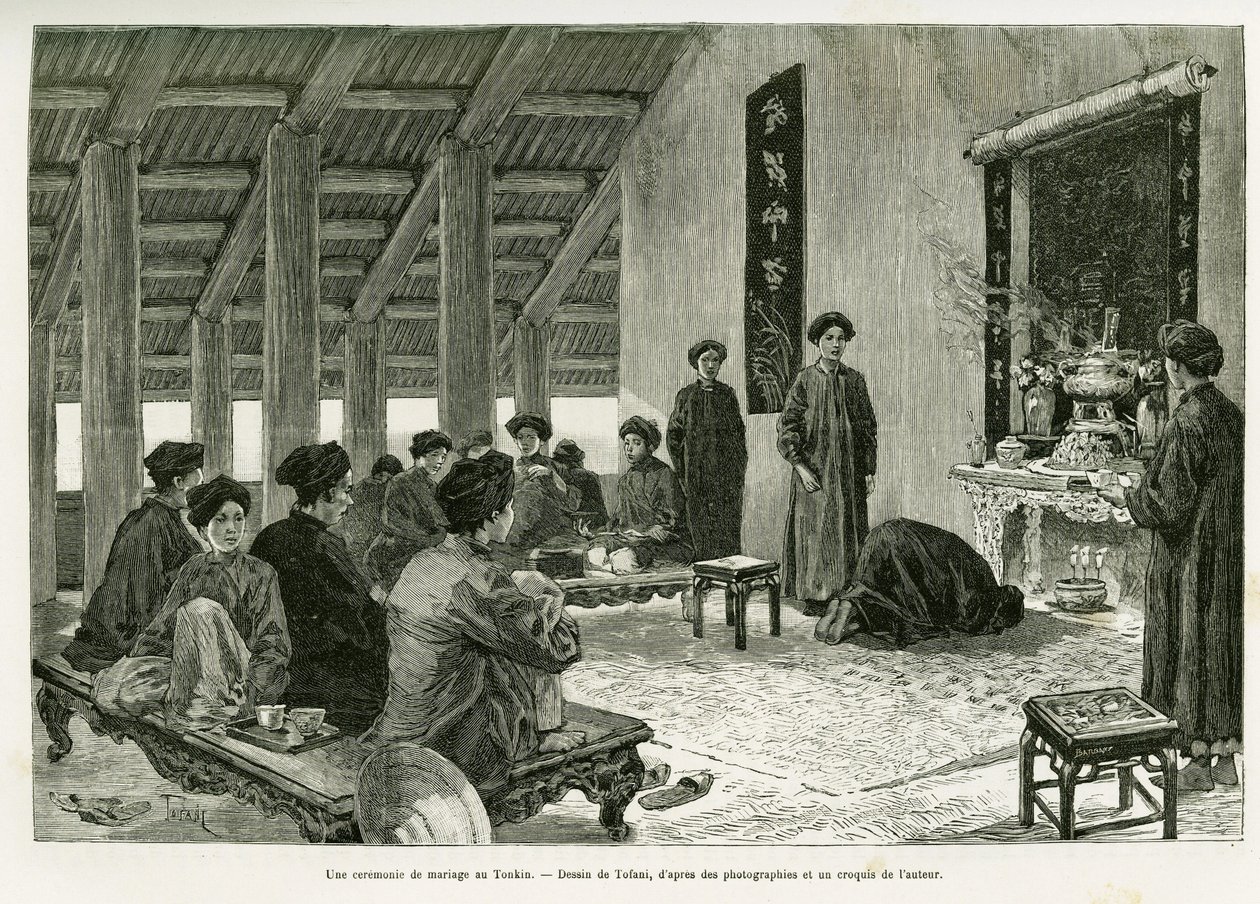 Uma cerimónia de casamento em Tonkin. Gravado por Tofani, para ilustrar a história Trente mois au Tonkin, em 1884, pelo Dr. Paul Hocquard, em le tour du monde 1890, sob a direção de Edouard Charton (1807-1890), Hachette, Paris. de Oswaldo Tofani