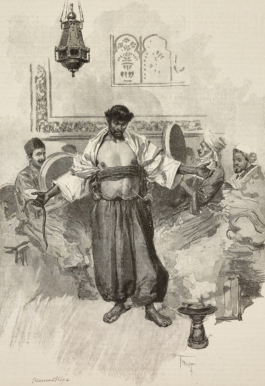 Aissawa dance, fraternidade religiosa marroquina, na Exposição Universal de 1889, Paris, França, gravura de E Mancastroppa de desenho de Osvaldo Tofani de L