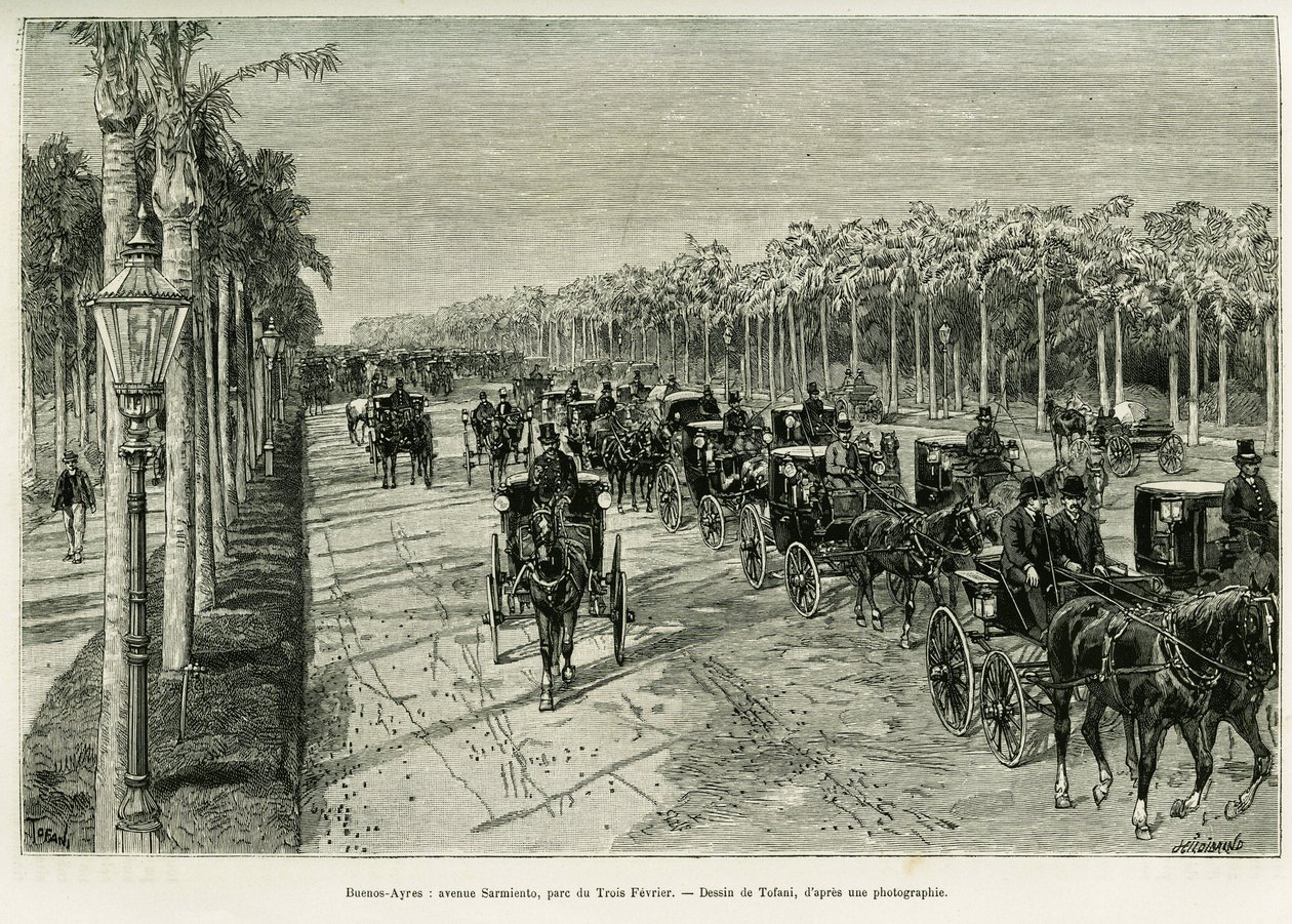 Buenos Aires, Avenida Sarmiento, Parque Três de Fevereiro. Gravura de Tofani, para ilustrar a história Voyage a la Plata, em 1886, de Emile Daireaux, em le tour du monde 1888, dirigido por Edouard Charton (1807-1890), Hachette, Paris. de Oswaldo Tofani