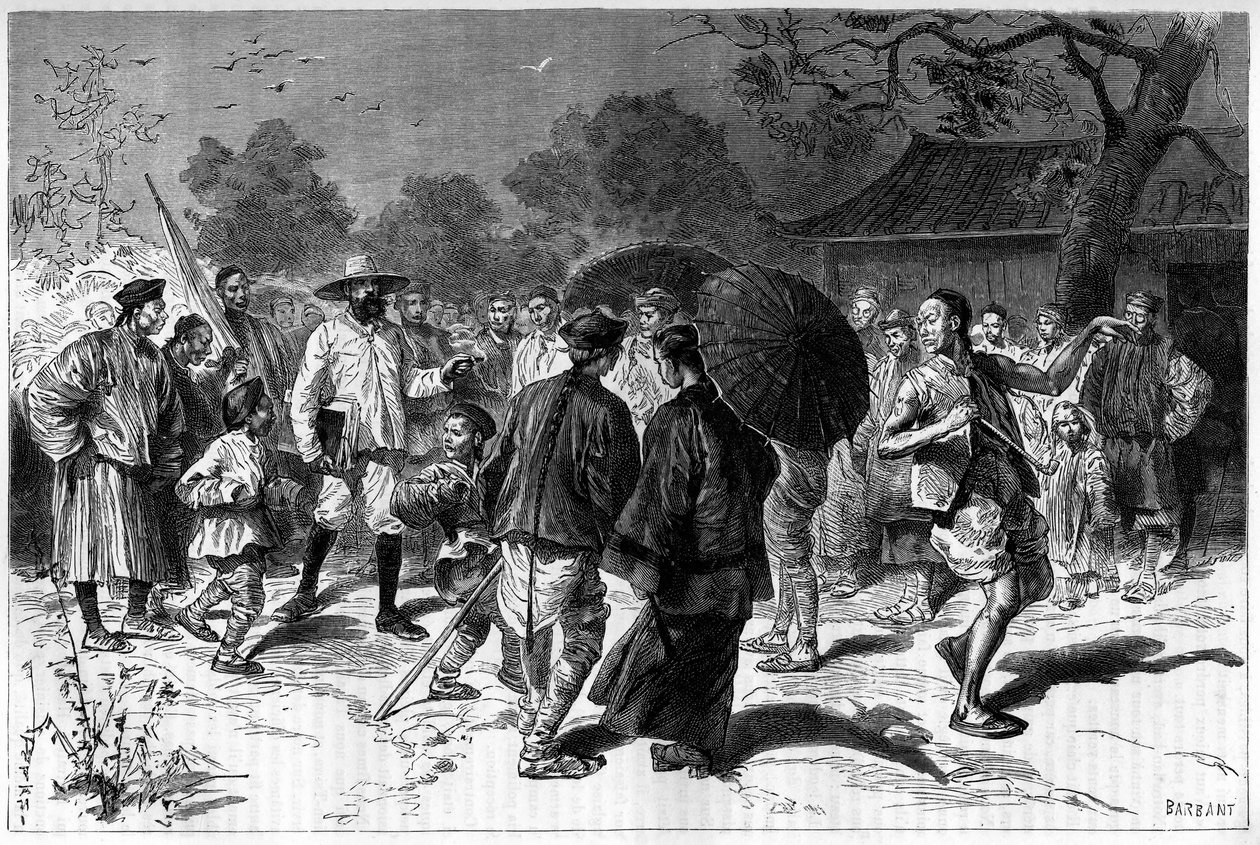 O Dr. Piassetzky viaja para a China, sempre acompanhado por chineses. Gravura após um desenho de Tofani, em "Le Tour du Monde, Nouveau journal des Voyages", editado por Edouard Charton, Paris de Oswaldo Tofani