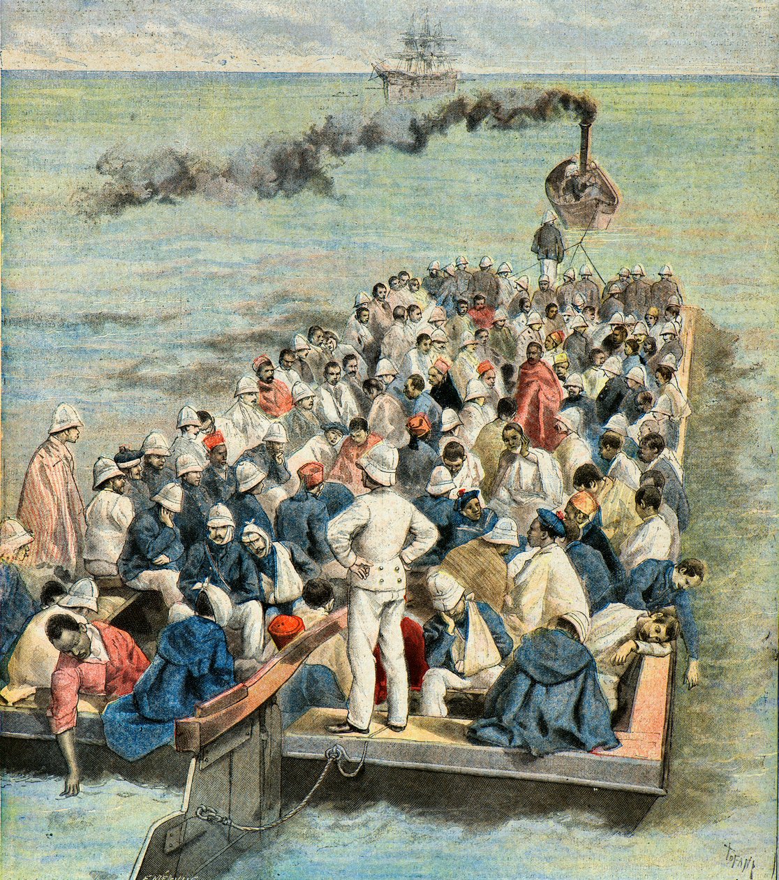 Embarque no navio hospital dos feridos da expedição de madagáscar em 1896 (Gravura) de Oswaldo Tofani