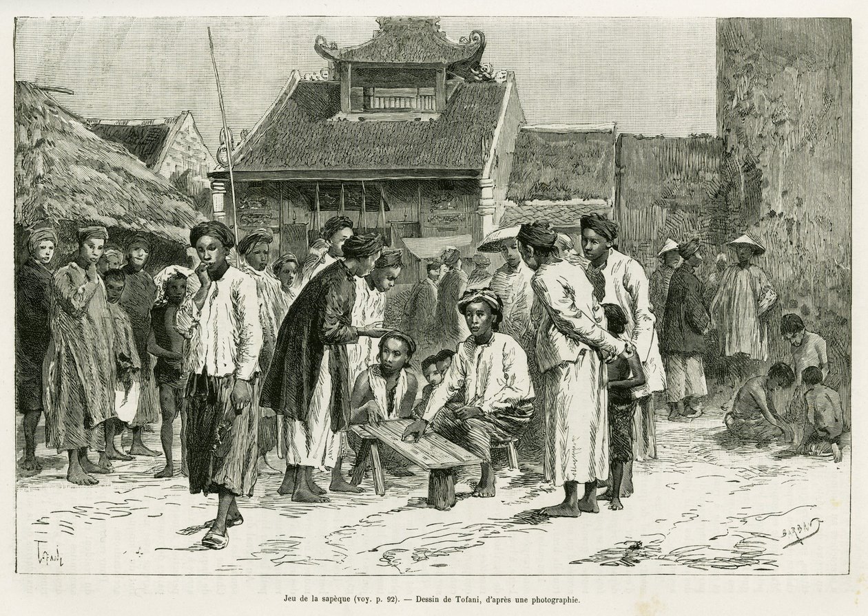 O jogo do sapeque. Gravado por Tofani, para ilustrar a história Trente mois au Tonkin, em 1884, pelo Dr. Paul Hocquard, em le tour du monde 1890, sob a direcção de Edouard Charton (1807-1890), Hachette, Paris. de Oswaldo Tofani