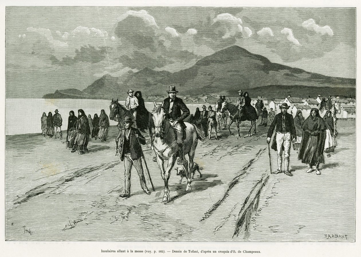 Os ilhéus vão à missa. Gravado por Tofani, para ilustrar a história Trois mois en Irlande, em 1889, por Marie anne de Bovet, no tour du monde 1890, dirigido por Edouard Charton (1807-1890), Hachette, Paris. de Oswaldo Tofani