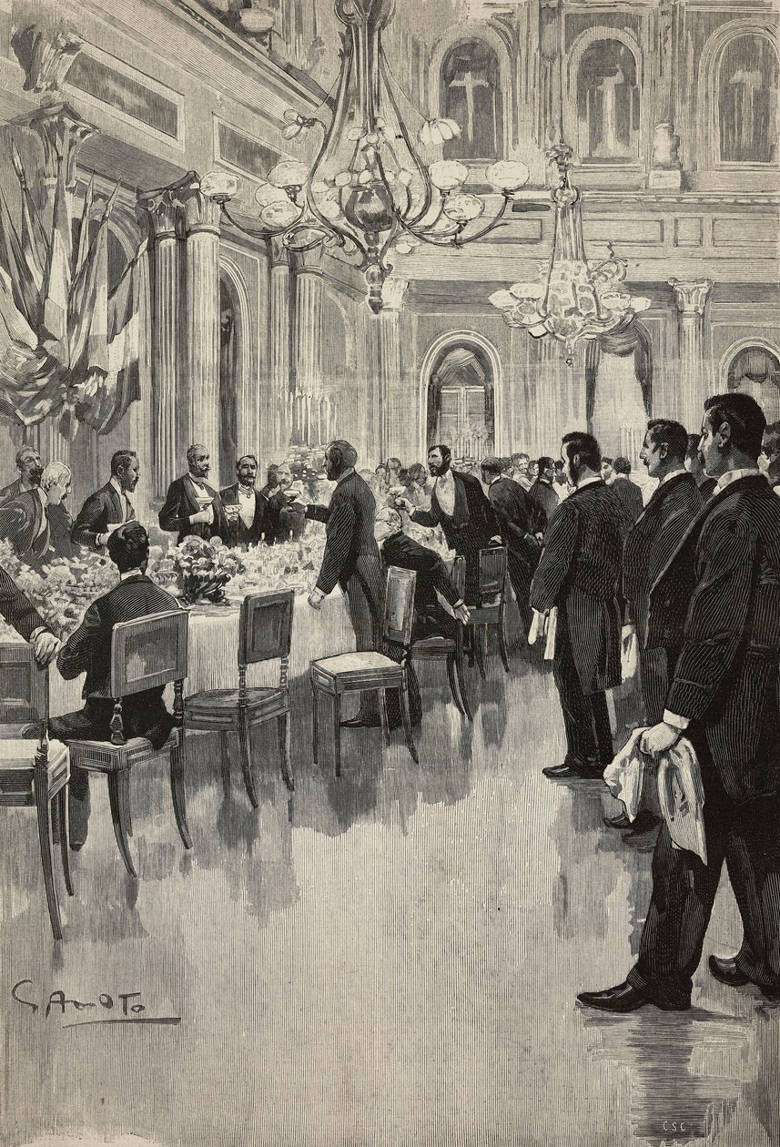 Diplomatas italianos brindam juntos, Paris, França, gravura de desenho de Gennaro Amato, de esboço de Osvaldo Tofani, de L
