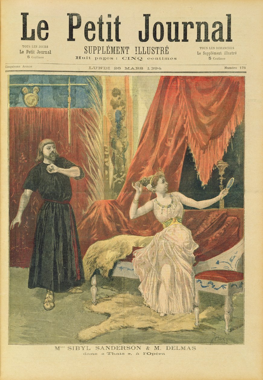 Senhorita Sibyl Sanderson (1865-1903) e Monsieur Jean François Delmas (1861-1933) em &39;Thais&39; por Jules Massenet (1841-1912) de &39;Le Petit Journal&39;, 26 de março de 1894 de Oswaldo Tofani