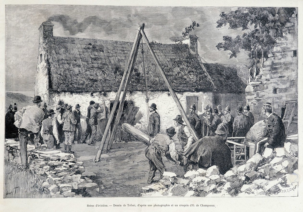 Homens correndo através de uma porta com a ajuda de uma árvore do ventre para expulsar o ocupante da habitação. Desenho de Tofani a partir de um esboço de O. de Champeaux (século XIX). de Oswaldo Tofani