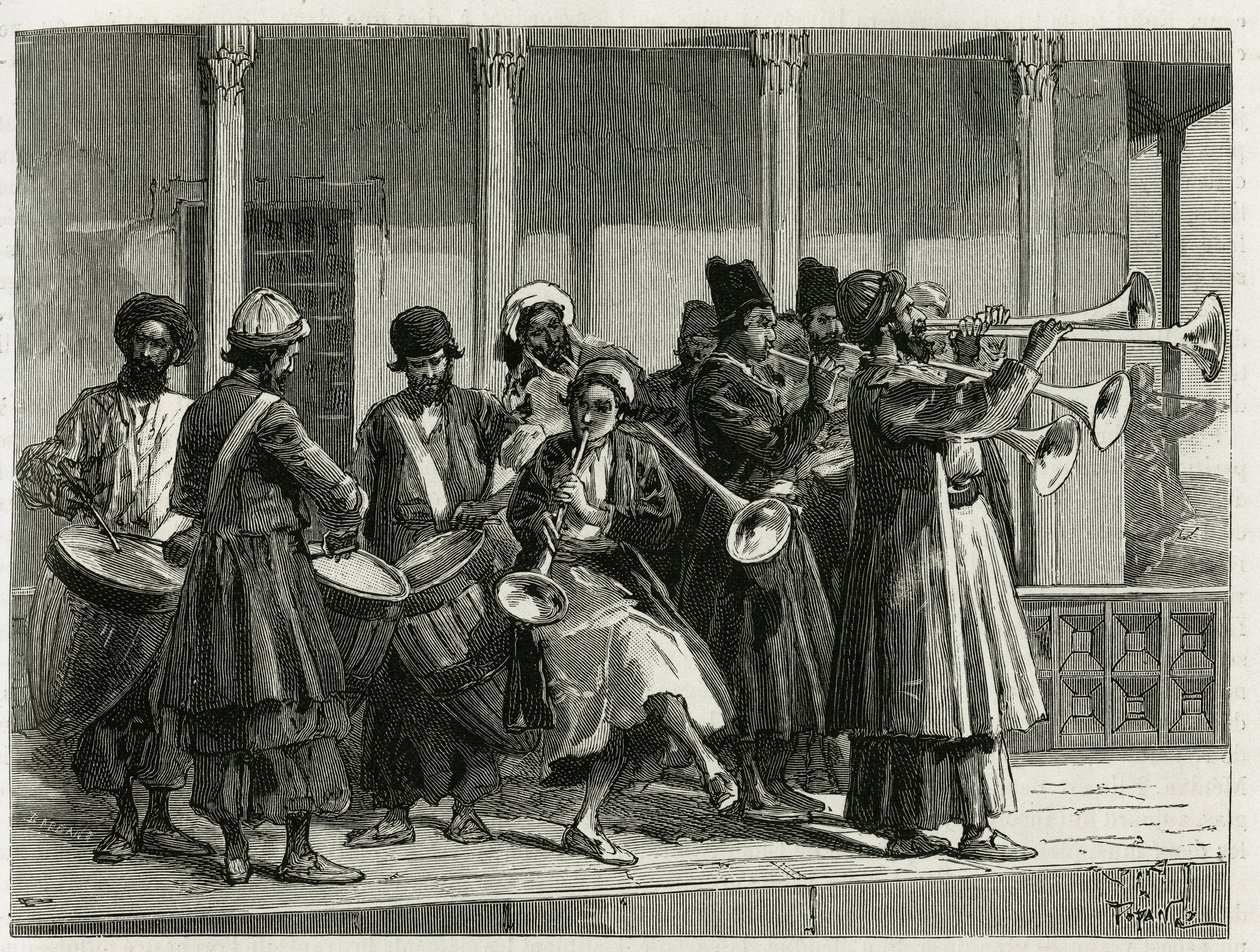 Músicos saudando o nascer do sol em Isfahan (ou Isfahan, cidade iraniana). Gravado por Tofani, para ilustrar a história "Persia, Chaldee e Susiane". de Oswaldo Tofani