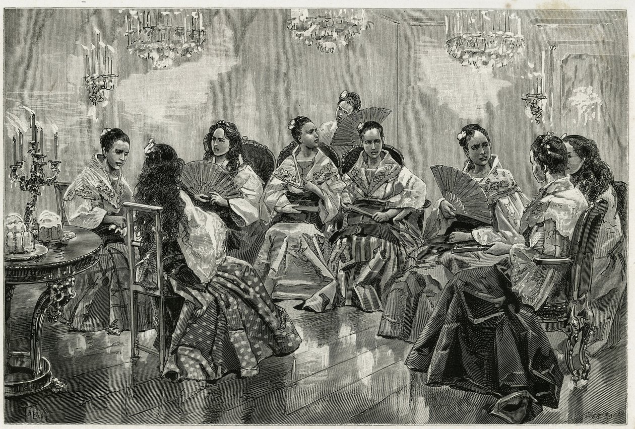 Feira comercial chinesa de Narcisso, Daraga, Filipinas. Gravura de Tofani, para ilustrar a história "Journey to the Philippines". de Oswaldo Tofani