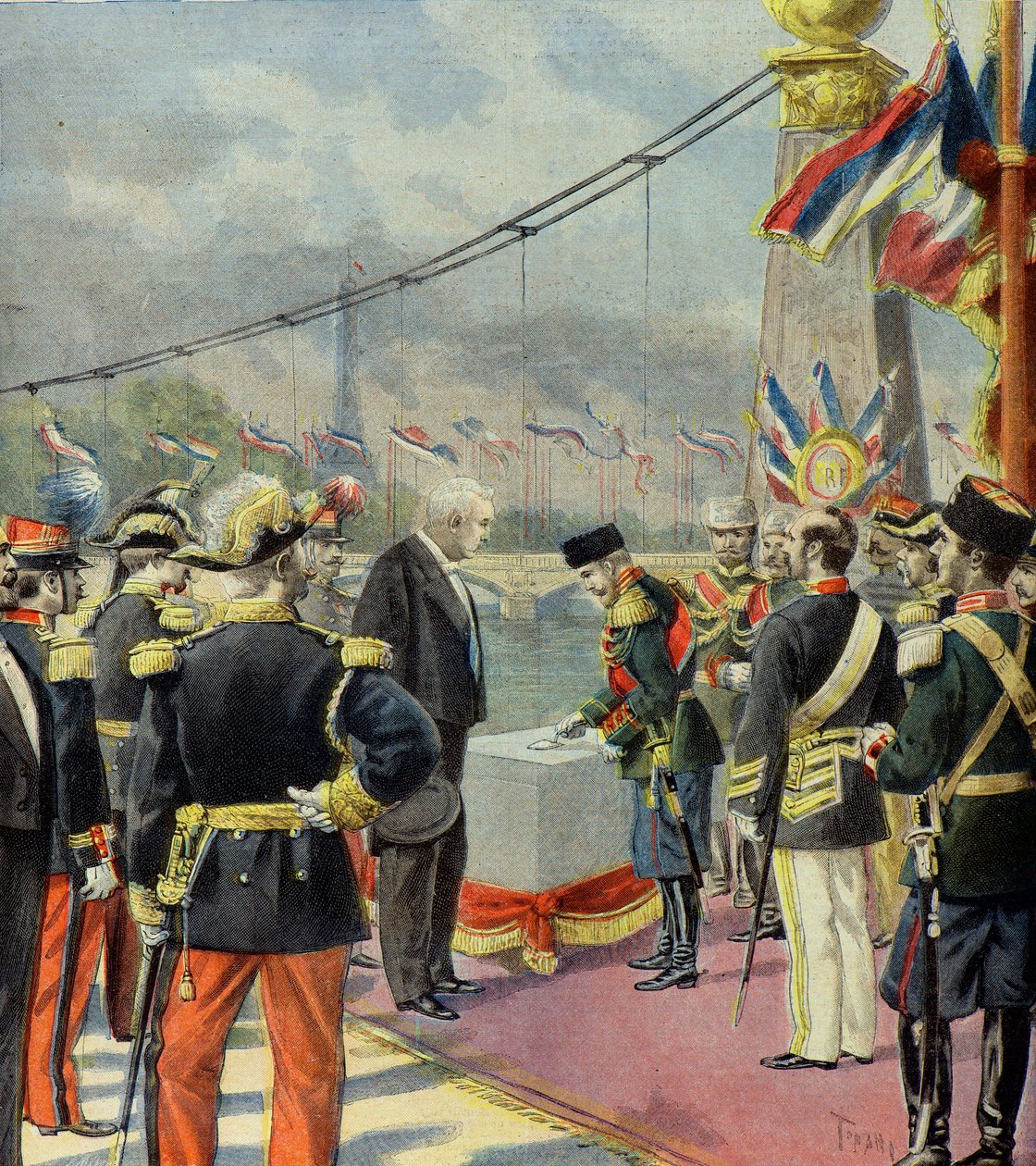 Nicolas 2 lança a primeira pedra da ponte Alexandre 3, na presença de Felix Faure, Paris 1896 (Gravura) de Oswaldo Tofani