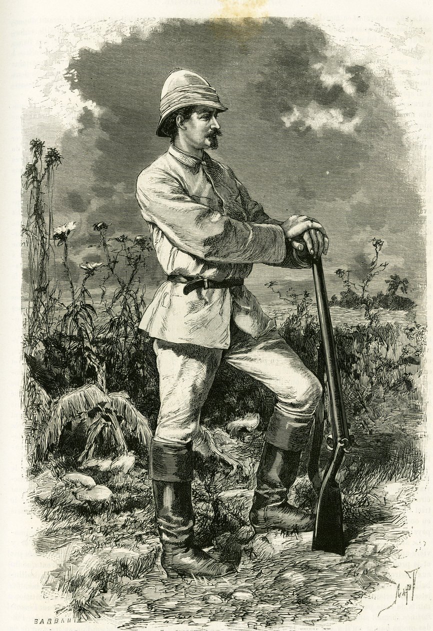 Retrato do Dr. Emile Holub, num fato de exploração, gravado por Tofani, para ilustrar a história "Au pays des Marutses", em 1875-1879, pelo Dr. Emile Holub (1847-1902). Publicado no Tour du monde, 2º semestre de 1883, editado por Edouard Charton (1807-1890 de Oswaldo Tofani