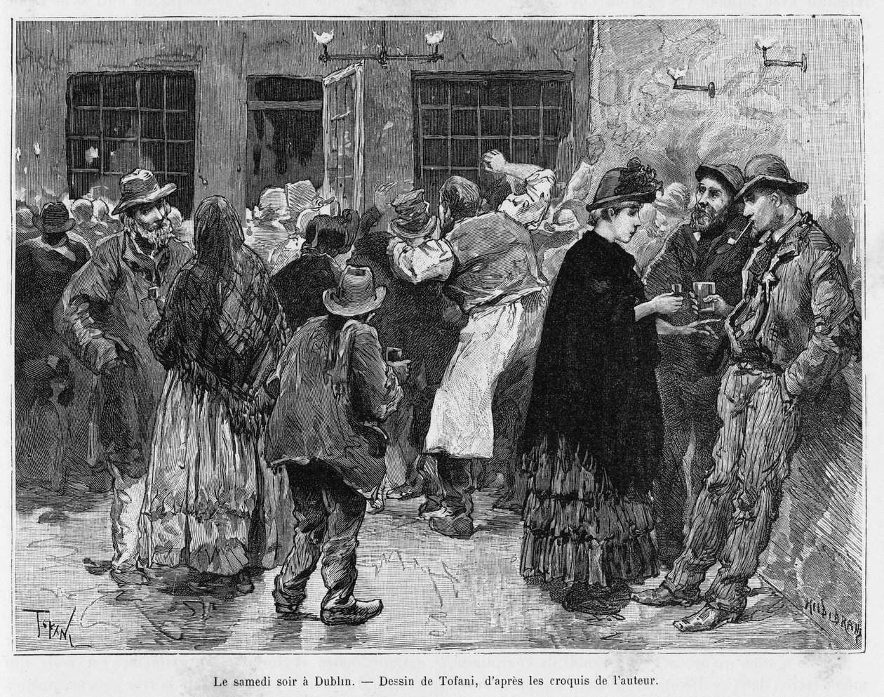 Sábado à noite em Dublin. Gravado por Tofani, para ilustrar a história Trois mois en Irlande, em 1889, por Marie Anne de Bovet, no tour du monde 1890, dirigido por Edouard Charton (1807-1890), Hachette, Paris. de Oswaldo Tofani