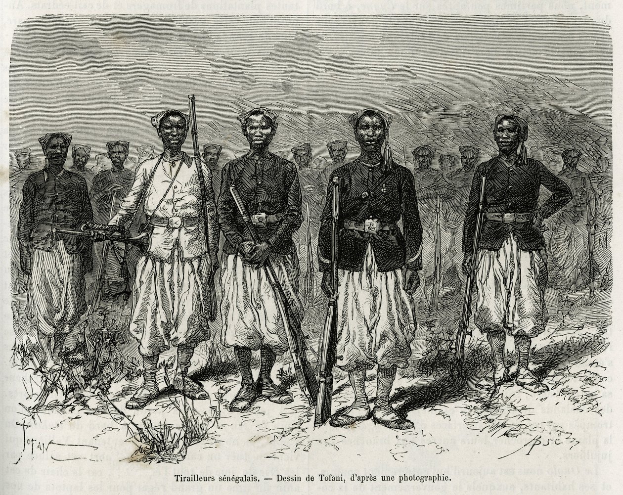 Cavaleiros senegaleses da escolta da expedição. Gravado por Tofani, para ilustrar a história da Exploração em Haut Niger, pelo Comandante Gallieni, da Infantaria Marítima, em 1880-1881, publicado no Tour du monde, sob a direcção de Edouard Charton (1807 de Oswaldo Tofani
