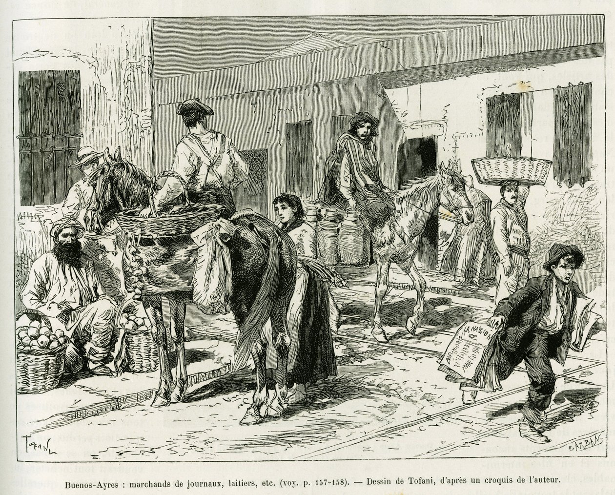 Pequenas empresas, revendedores de jornais, laticínios, vendedores de frutas, etc... nas ruas de Buenos Aires (Argentina). Gravado por Tofani para ilustrar a história Voyage a la Plata, três meses de férias por Emile Blaireaux em 1886, no tour du monde 188 de Oswaldo Tofani