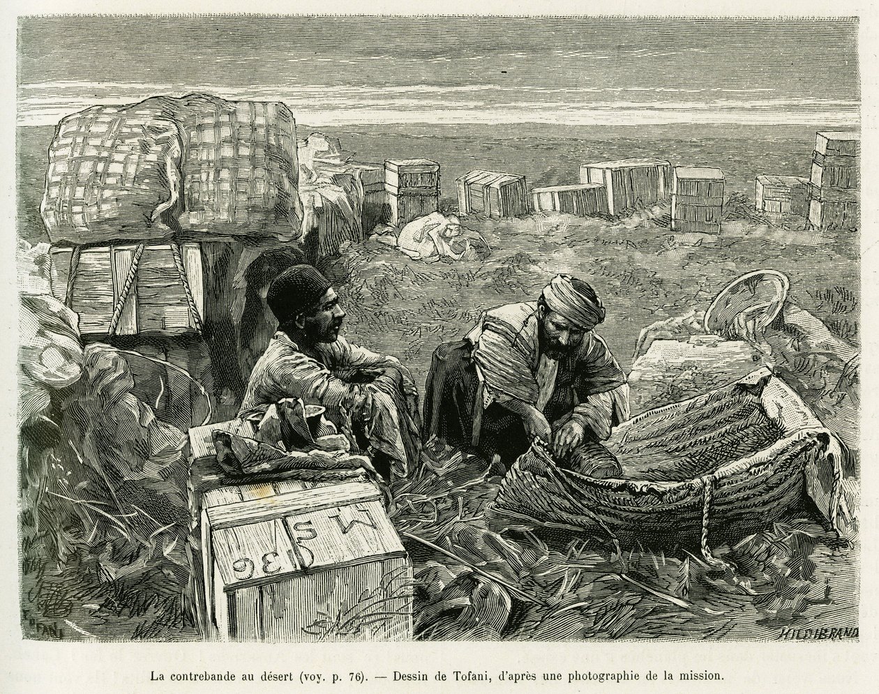 Contrabando de escavações arqueológicas no deserto persa. Gravação por Tofani, para ilustrar a história A Suse de Oswaldo Tofani