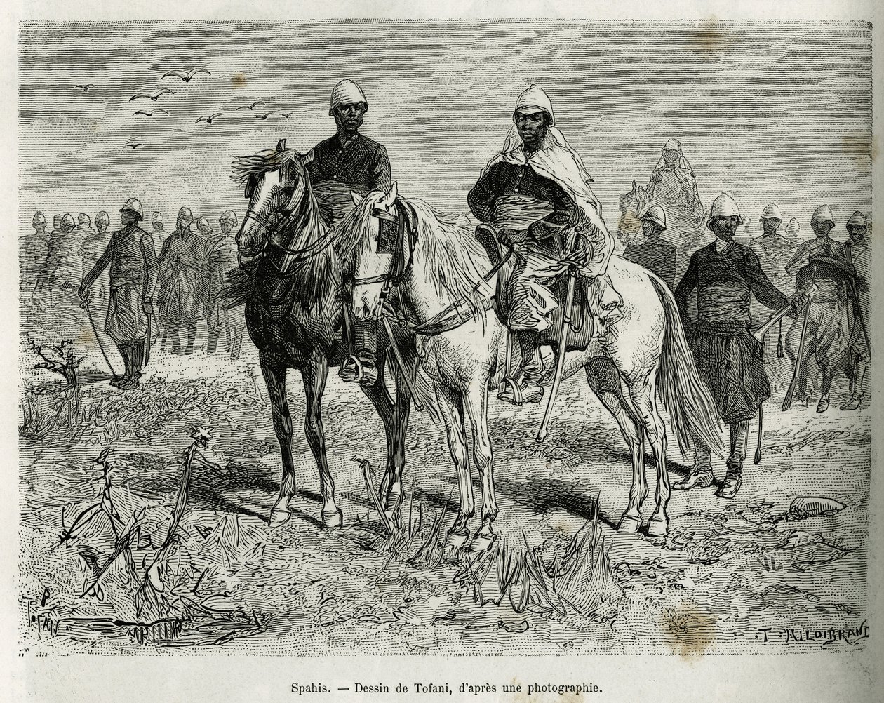Os Spahis da escolta da expedição. Gravado por Tofani, para ilustrar a história da Exploração em Haut Niger, pelo Comandante Gallieni, da Infantaria Marinha, em 1880-1881, publicado no Tour du monde, sob a direcção de Edouard Charton (1807-1890) de Oswaldo Tofani