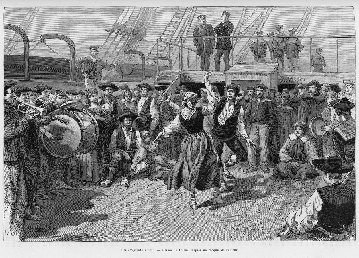 Os emigrantes a bordo. Gravado por Tofani para ilustrar a história Voyage a la Plata, três meses de férias de Emile Blaireaux em 1886, no tour du monde 1887, sob a direção de Edouard Charton (1807-1890), Hachette, Paris. de Oswaldo Tofani