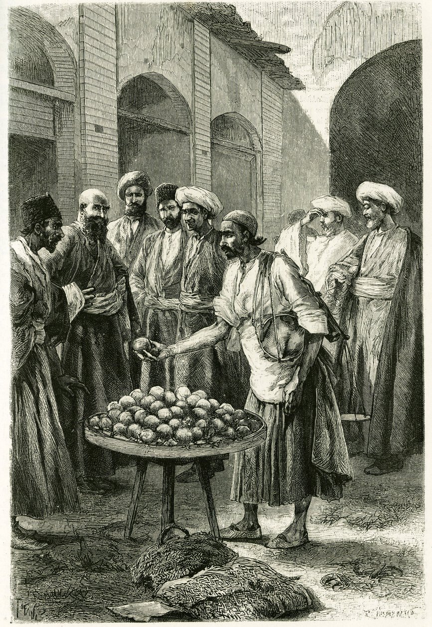 O comerciante de pesca em Kachan (ou Kashan, na província de Teerão, atual Irã). Gravura de Tofani, a partir de uma fotografia, para ilustrar a história "Persia, Chaldee e Susiane" em 1881-1882, de Jane Dieulafoy (nee Magre de Oswaldo Tofani