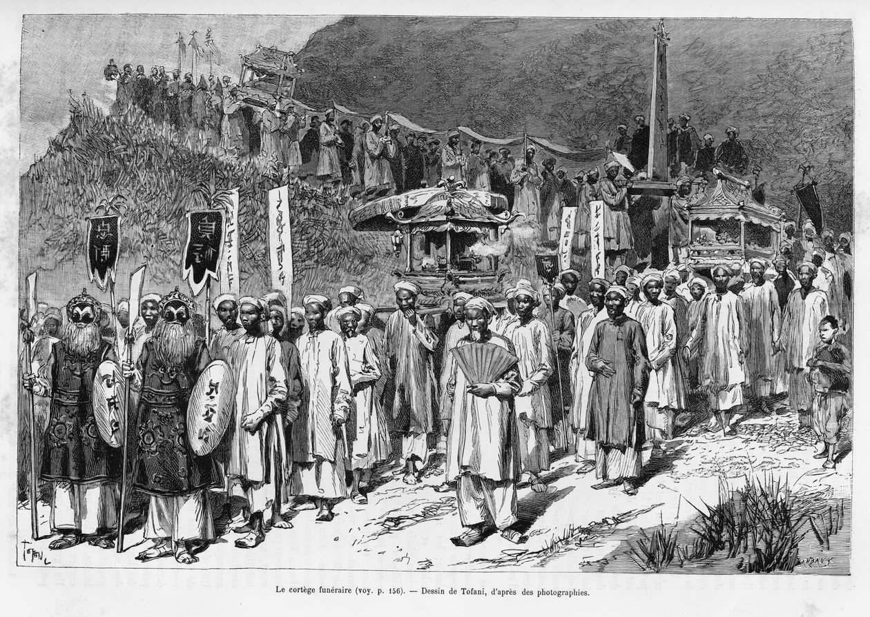 O cortejo fúnebre. Gravado por Tofani, para ilustrar a história Trente mois au Tonkin, em 1884, pelo Dr. Paul Hocquard, em le tour du monde 1890, sob a direcção de Edouard Charton (1807-1890), Hachette, Paris. de Oswaldo Tofani