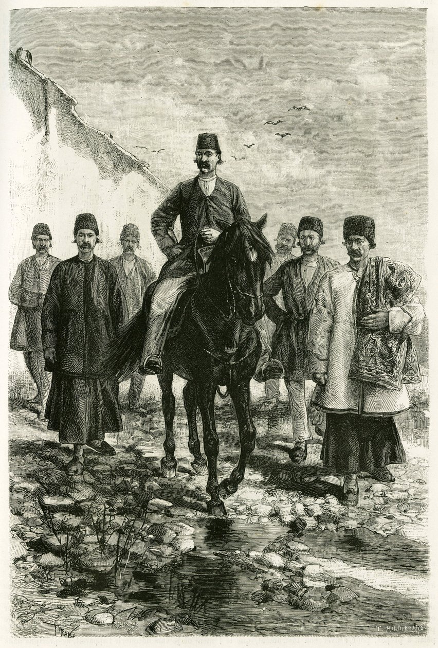 O governador de Kachan (ou Kashan, na província de Teerão, atual Irã) monta um cavalo preto e sua suíte está montada a pé. Gravado por Tofani, a partir de uma fotografia, para ilustrar a história "Persia, Chaldee e Susiane" em 1881-1882, de Jane Dieulafoy  de Oswaldo Tofani